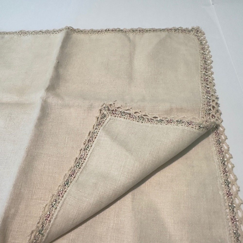 Vintage Linen Table Runner Cream Crochet Lace Trim Pastel Embroidered 44x17